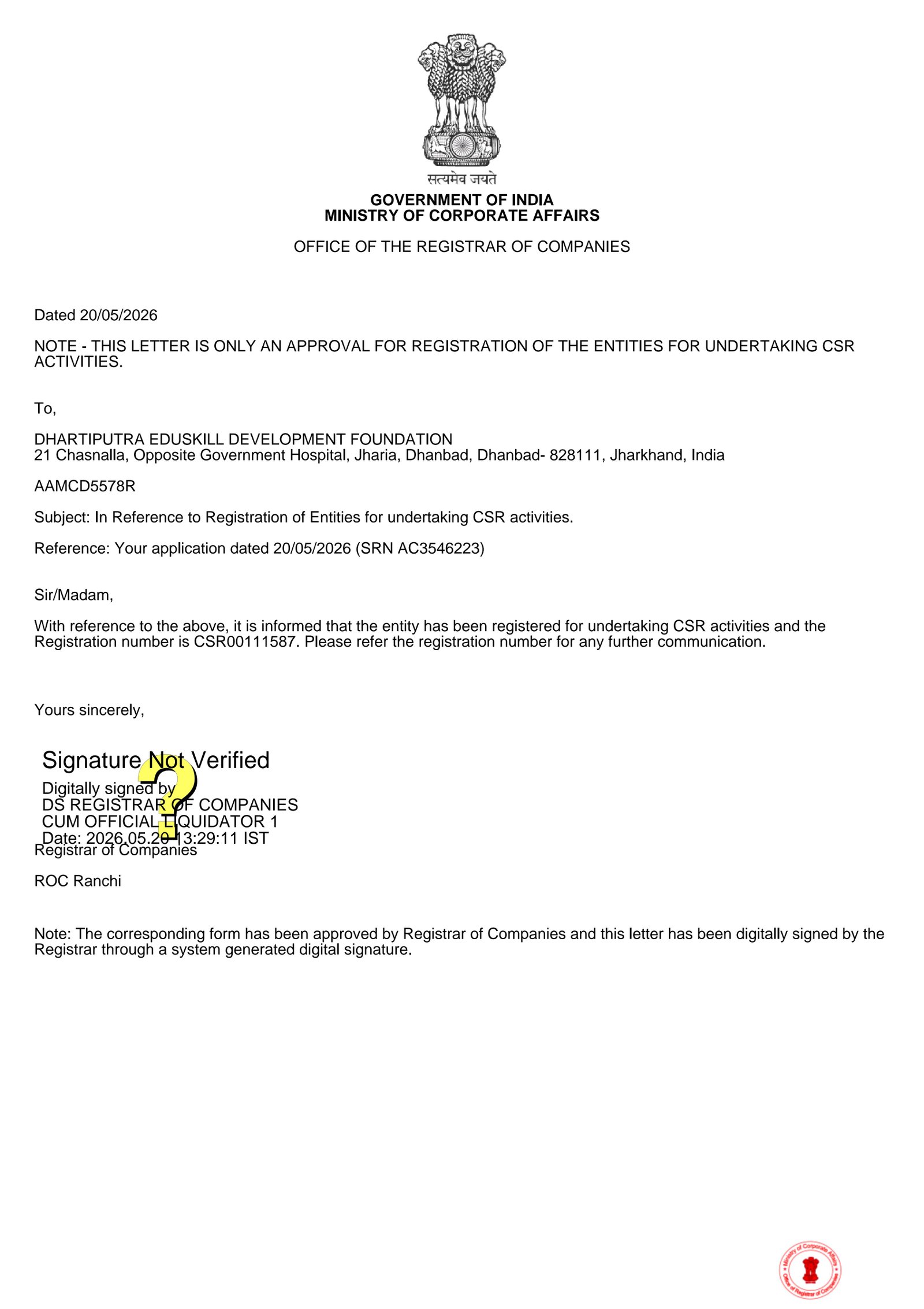 CSR 1 Registration Letter AC3546223